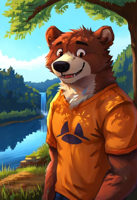 score_9, score_8_up, score_7_up, high quality, lonarpg, by pache riggs, hires, 1boy, ursid, ursine, bear, grizzly bear, masterpiece, male, furry, solo, male focus, upper body, casual t-shirt, detailed fur, detailed background, magical lighting, realistic lighting, iridescent lighting, soft fur, good feel, a really interesting picture, truly captivating, creative and full of imagination that I am currently lacking, garden in the background or something, blue sky, grass, trees, lake, waterfall