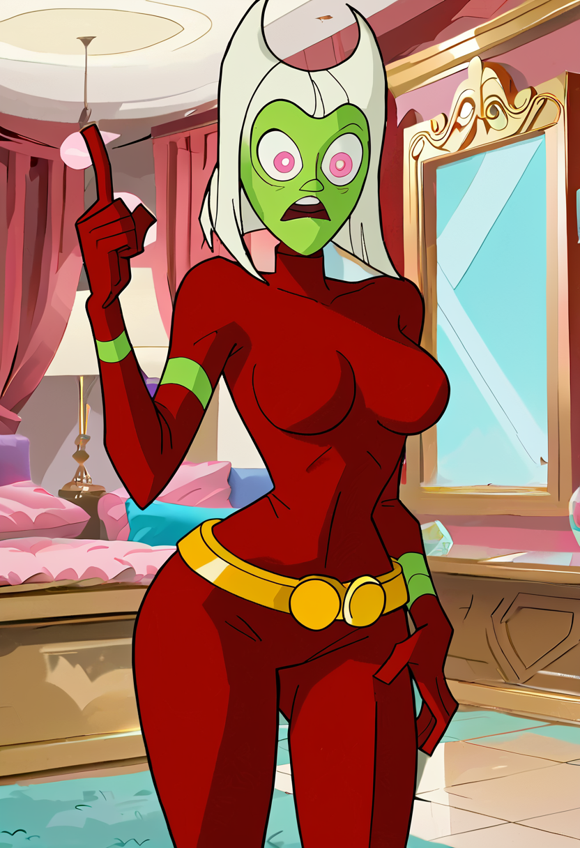 <lora:TwelveForever_ButtWitch_Pony:1.0>, butt witch \(regular\), pointing at self, wide-eyed, twelve forever, 1girl, solo, colored skin, red bodysuit, court, masterpiece, best quality, score_9, score_8_up, score_7_up