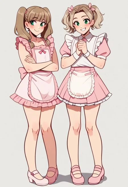 femboy, pink highlight, diaper, diaper under skirt, shoulder length hair, light brown hair, androgynous, blush, smile, adult, 22 years old, source_anime, pigtails, green eyes, only 1 boy, wearing dr3ss, satin maid outfit, short poofy voluminous skirt, frills, apron