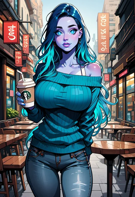 commix style, score_9, score_8_up, score_7_up, 1woman, mature, (blue skin:1.3), detailed blue eyes, large round eyes, bright eyes, (long dark blue hair:1.4), fiery hair, gradient_hair to light neon blue, (very long hair), blue lipstick, huge breasts, daytime, outdoors, side of street, coffee shop, table, chairs, bare shoulders, off-shoulder sweater, jean pants, drink,