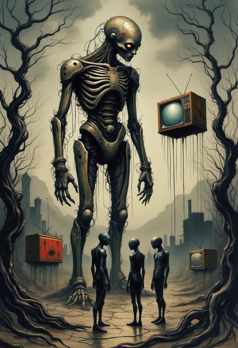 yfg-liqd, Surrealism, wide-angle shot, eerie and unsettling atmosphere, dim sepia-toned lighting, three tall dark humanoid figures with large heads and antennae, staring at a massive robotic figure with a large circular eye, the robotic figure stands on a pedestal, rusted and worn, one side painted red, two retro-style television screens float in mid-air behind the figures, barren tree branches in the foreground, distant shadowy buildings and mountains in the background, cloudy sky, muted colors, cracked textures, haunting and mysterious mood, dark tones, no visible light source.