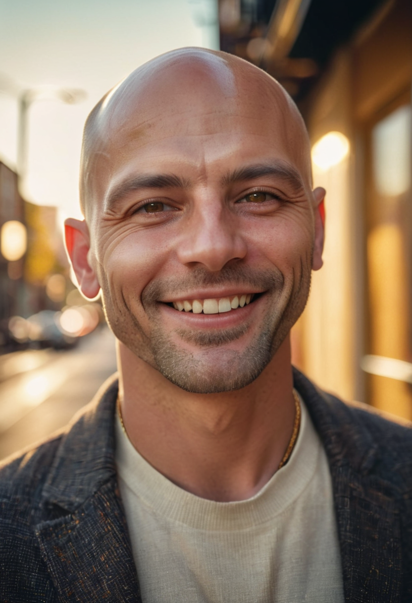 RAW Photograph, portrait of a bald man, smiling, gldnglry, detailed skin with visible pores and minor imperfections, wearing modern urban fashion, raytracing, sharp focus, 8k, bokeh, hdr, masterpiece, amateur photo, photography, dslr, kodachrome, 35mm photograph, analog film, professional, highly detailed