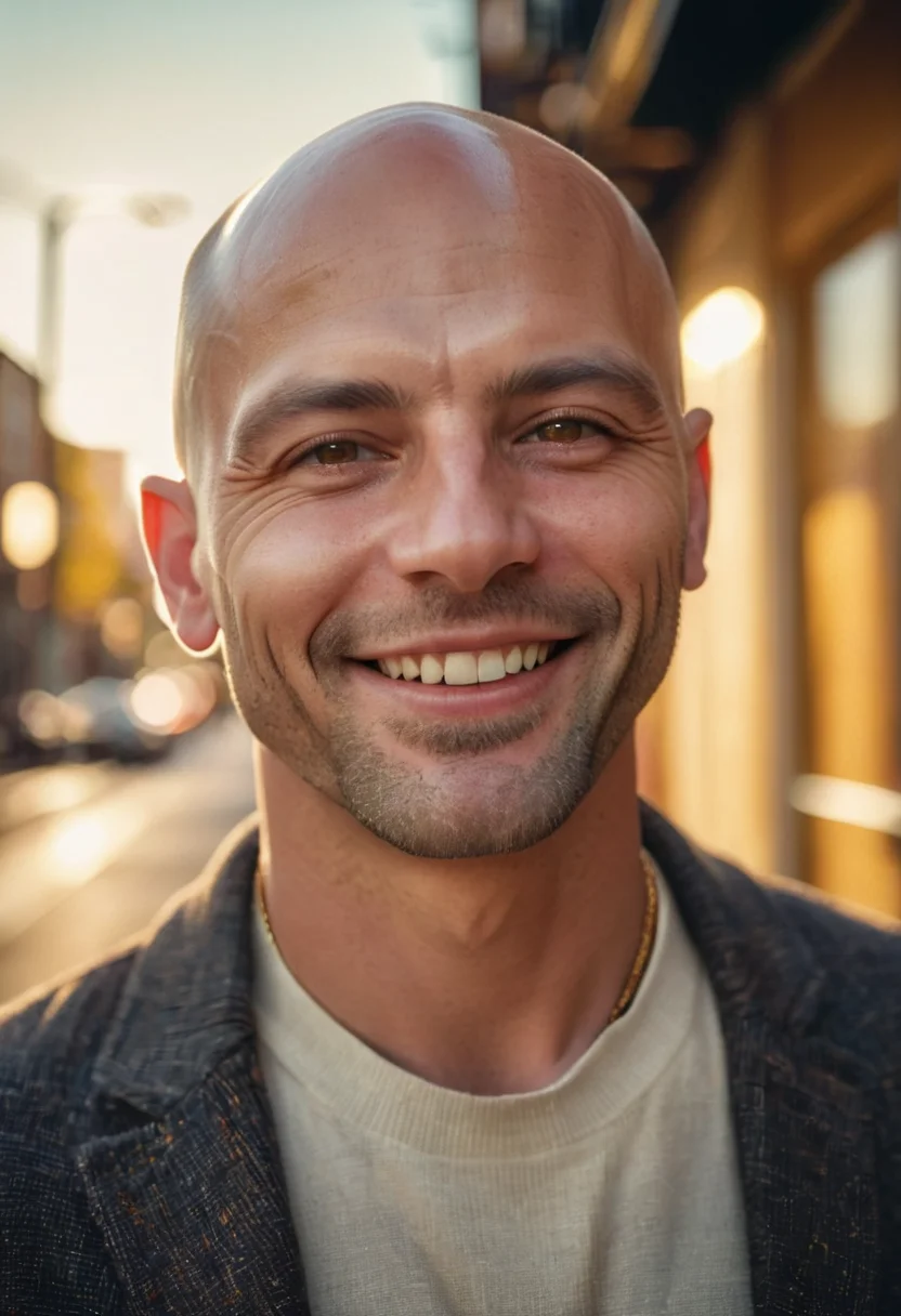 RAW Photograph, portrait of a bald man, smiling, gldnglry, detailed skin with visible pores and minor imperfections, wearing modern urban fashion, raytracing, sharp focus, 8k, bokeh, hdr, masterpiece, amateur photo, photography, dslr, kodachrome, 35mm photograph, analog film, professional, highly detailed