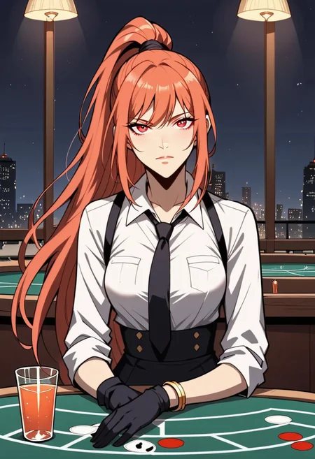 score_9, score_8_up, score_7_up, 1girl, night, indoor, in a casinò, dynamic shot, from high, long legs standing behing a poker table, green table, solo, dynamic pose, Feng Ling, orange hair, red eyes, medium breast, long hair, ponytail, black pants, white shirt, long sleves shirt, black gilet, black neck tie, red heels, gold slim bracelets, black gloves, looking at the viewer, long legs, nice legs, white hips ultra detailed, masterpiece, close up, upper body<lora:add-detail-xl:1>, <lora:StS_PonyXL_Detail_Slider_v1.4_iteration_3:4>