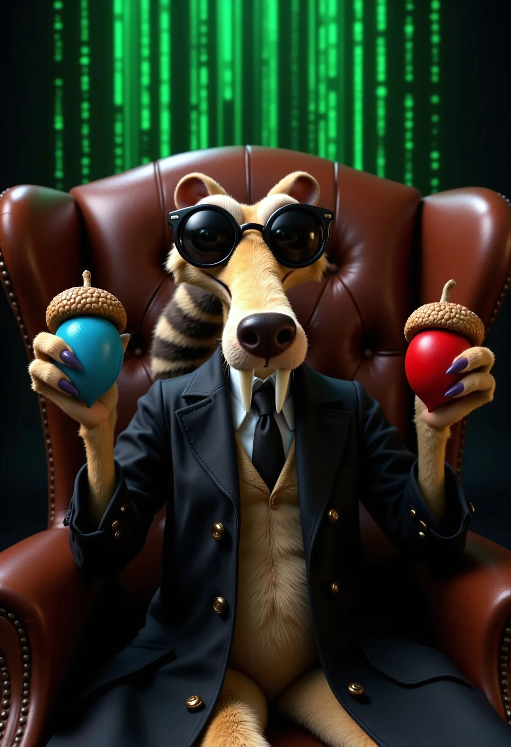 Scrat from Ice Age in a cinematic and dramatic scene, seated in a luxurious, vintage leather armchair with deep button-tufting. Scrat is fully dressed in a sleek black leather trench coat that covers his entire body, including his lower half, ensuring a polished and family-friendly appearance. He also wears a formal suit, tie, and dark, fully shaded round sunglasses, mimicking Morpheus from The Matrix. His paws are extended forward, palms open and facing upward: the left paw holding a vibrant red acorn, and the right paw holding a vibrant blue acorn, both realistically textured with their distinct caps securely on top. Scrat’s bushy, striped tail curls prominently over the side of the chair, adding his iconic touch. The background features cascading green digital code in the classic Matrix style, creating a surreal, futuristic atmosphere. The lighting is dim and dramatic, with sharp focus on Scrat, the acorns, and his commanding pose, blending comedic charm with epic cinematic intensity