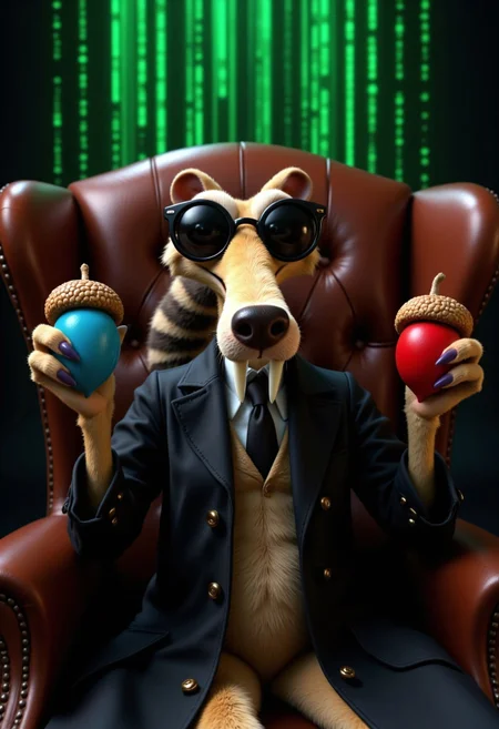 Scrat from Ice Age in a cinematic and dramatic scene, seated in a luxurious, vintage leather armchair with deep button-tufting. Scrat is fully dressed in a sleek black leather trench coat that covers his entire body, including his lower half, ensuring a polished and family-friendly appearance. He also wears a formal suit, tie, and dark, fully shaded round sunglasses, mimicking Morpheus from The Matrix. His paws are extended forward, palms open and facing upward: the left paw holding a vibrant red acorn, and the right paw holding a vibrant blue acorn, both realistically textured with their distinct caps securely on top. Scrat’s bushy, striped tail curls prominently over the side of the chair, adding his iconic touch. The background features cascading green digital code in the classic Matrix style, creating a surreal, futuristic atmosphere. The lighting is dim and dramatic, with sharp focus on Scrat, the acorns, and his commanding pose, blending comedic charm with epic cinematic intensity