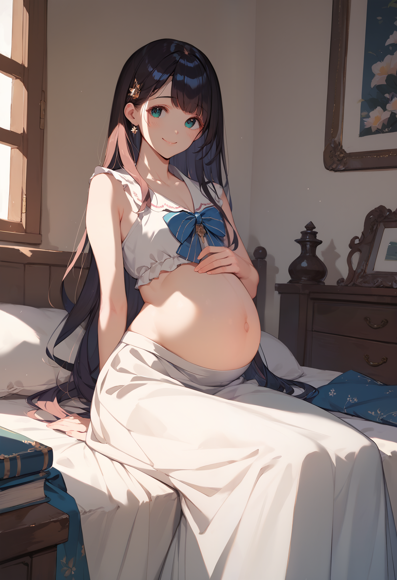 (score_6_up)(score_7_up)(score_8_up)(score_9) best quality, masterpiece, uncensored, (perfect anatomy) (realistic detailed:1) (face focus:1) BREAK (1girl on bed :1) (cute face girl with soft smiling to viewer:1) (cute girly clothes:1)
(thigh highs)(long skirt with pleats)(covered pregnant big belly with clothes)