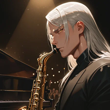 masterpiece, best quality, amazing quality, absurdres, newest, detailed background, definition so sharp, Ultra-HD, 8K cinematic, very awa, impressionate, amazing quality, highres,
solo, male focus, manly, shadow, shiny skin, mature male, extream close-up, soft coloring,
mitsuhisahachiya, mitsuhisa_grey hair, mitsuhisa_yellow eyes, 1boy, long hair, scar across eyebrow, musician, jazz, piano, saxophone, cool_demeanor, smooth_operator, stage_lights, spotlight, focused_expression, sweet_melody, nightclub, elegant_suit, dim_lighting, appreciative_audience