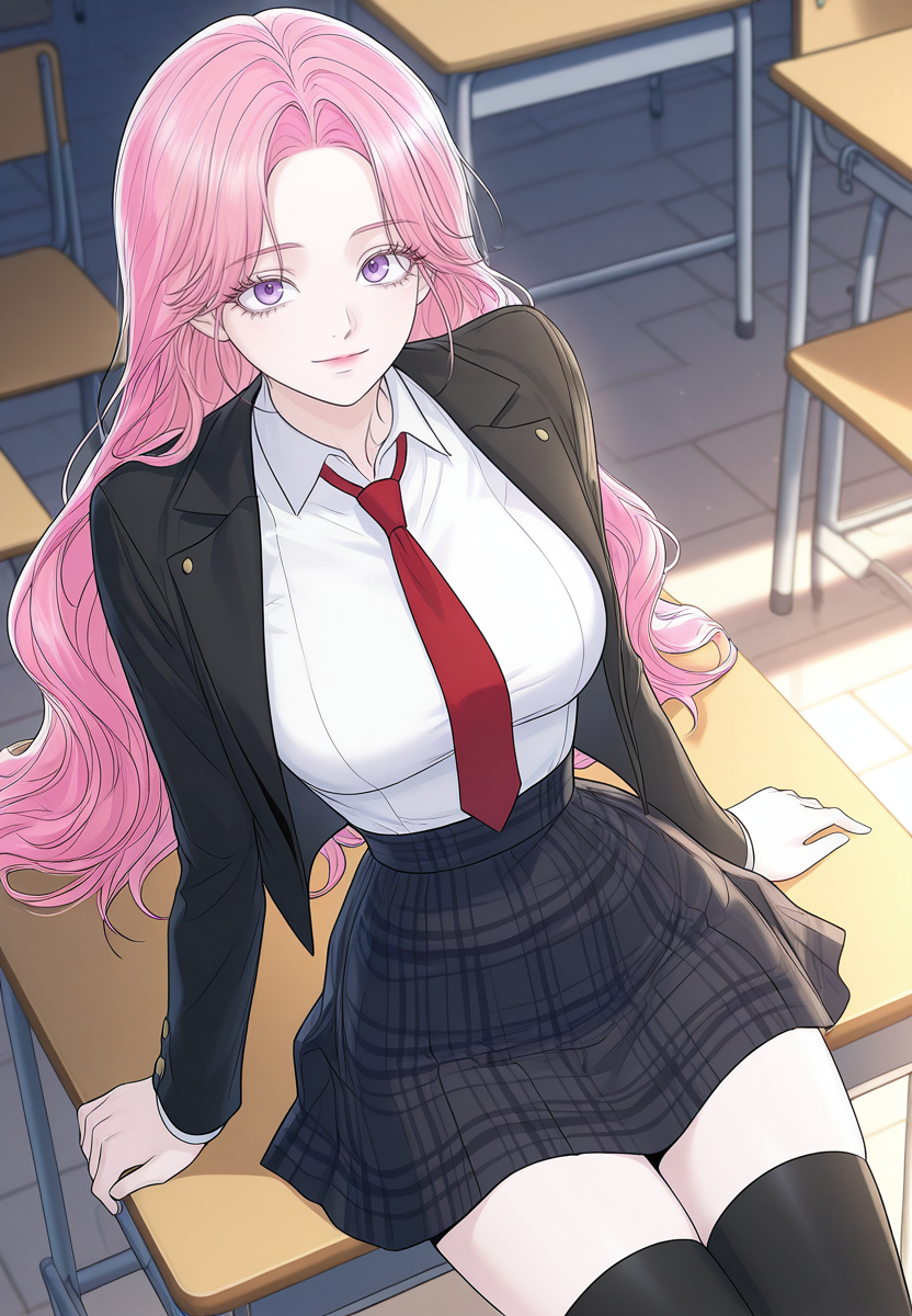 gorgeous girl, kawaii girl, cute face, masterpiece, best quality, very awa, absurdres, ultra-detailed-eyes, detailed background, ambient occlusion, raytracing, soft lighting, absolutely eye-catching, intricate cinematic background, (beautiful face), Masterpiece,(perfect female body),(detailed hair), detailed background, small waist, detailed skin, (4k),(incredibly detailed:1.4), perfect anatomy, slim, neatly drawn nose, beautiful fingers, small waist, (super model body), (large breasts), looking at viewer, black thighhighs, black jacket, collared shirt, red necktie, shirt, open jacket, plaid skirt, 
solo, light smile
<lora:Lariette_Blanche-I_Thought_My_Time_Was_Up-Kaleid_Illustrious:1>/larietteblanche/, 1girl, pink hair, purple eyes, long hair, eyelashes,
school, desk, school chair,