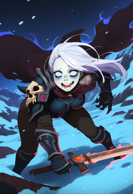 khyleri,
best quality, amazing quality, very aesthetic, absurdres,
BREAK
1girl,solo,(death knight:1.2),(armor:1.2),zombie,glowing eyes,aura,blue eyes,warcraft,pale skin,skull armor,frost magic,
(runeblade:1.2),holding sword,glowing sword,white hair,long hair,looking at viewer,leggings,cape,pov,outdoors,glacier,tundra,snow,mountains,night,horror,dark theme,black theme,muscular female,(foreshortening:1.2),dutch angle,leaning forward,crazy,bags under eyes,close-up,drool,saliva,heavy breathing,<lora:KhyleriNoobLocon_byKonan:1>
