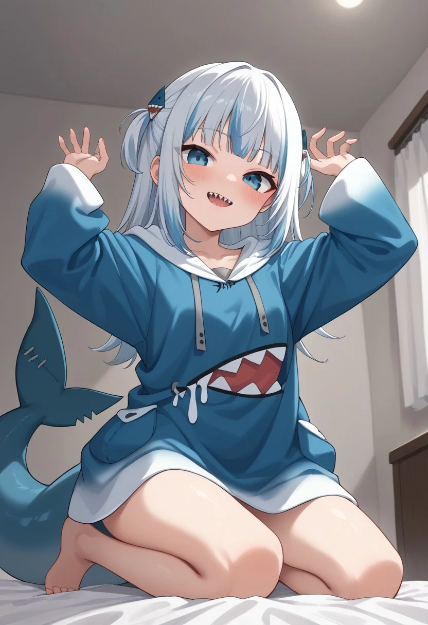 score_9, score_8_up, score_7_up, score_6_up,
source_anime, thick lines, rating_explicit,
1girl, solo,
gawr gura, blue hoodie, two side up, shark hair ornament, shark tail,
bottomless,
smile, sharp teeth, blush,
barefoot,
convenient censorship, oversized hoodie,
kneeling,
arms up,
from below,