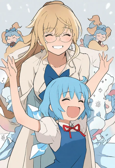 daisukerichard, akai sashimi, tony taka,
stylized, cartoonized,
newest, masterpiece, highres, year 2024, year 2023,
cirno, touhou, noel niihashi, Meica05, Naomi Orthmann, solo, smile, open mouth, jewelry, closed eyes, earrings, glasses
<lora:ponyv4_noob1_2_adamW:0.7>