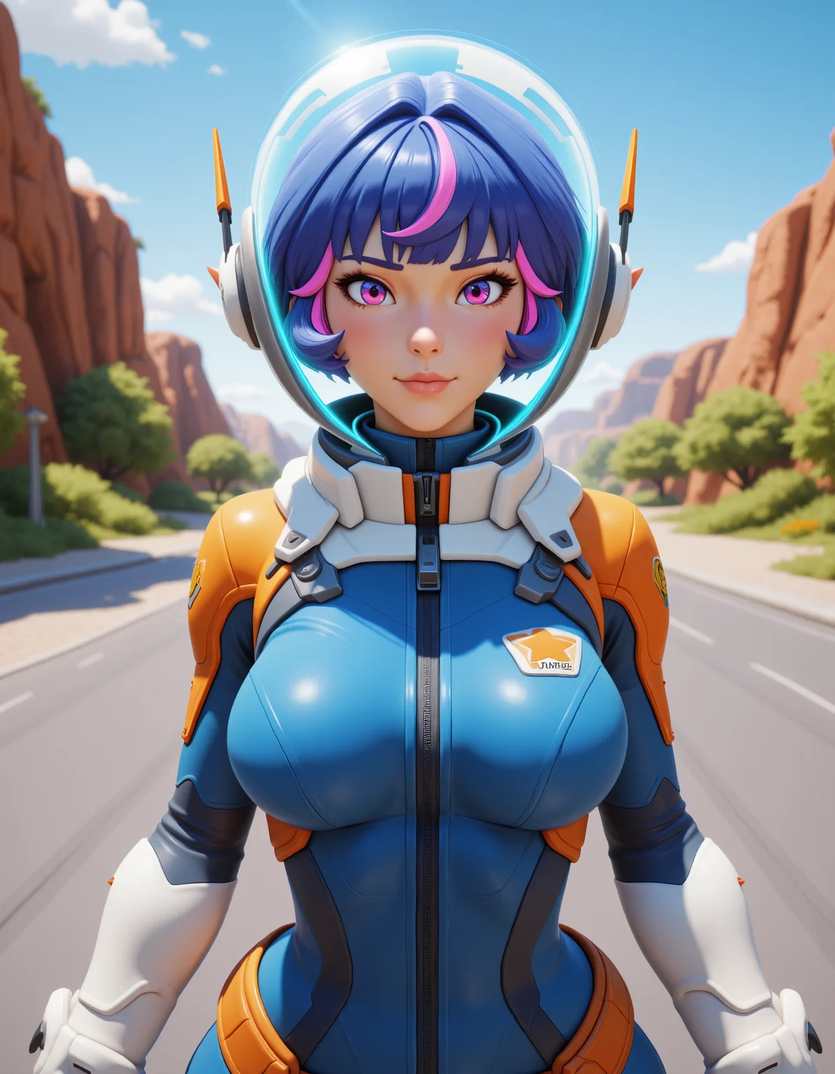 wide shot, looking at viewer, outdoors daylight,
front view, passport style with upper body and lower waistline
 <lora:Overwatch_-_Juno_v2-000030:1> o-juno a 20 year old adult woman with purple eyes and multicolored hair with bangs
a young woman with short blue hair and pink highlights, wearing a form-fitting blue and orange space suit with a transparent, blue-tinted helmet, white gloves