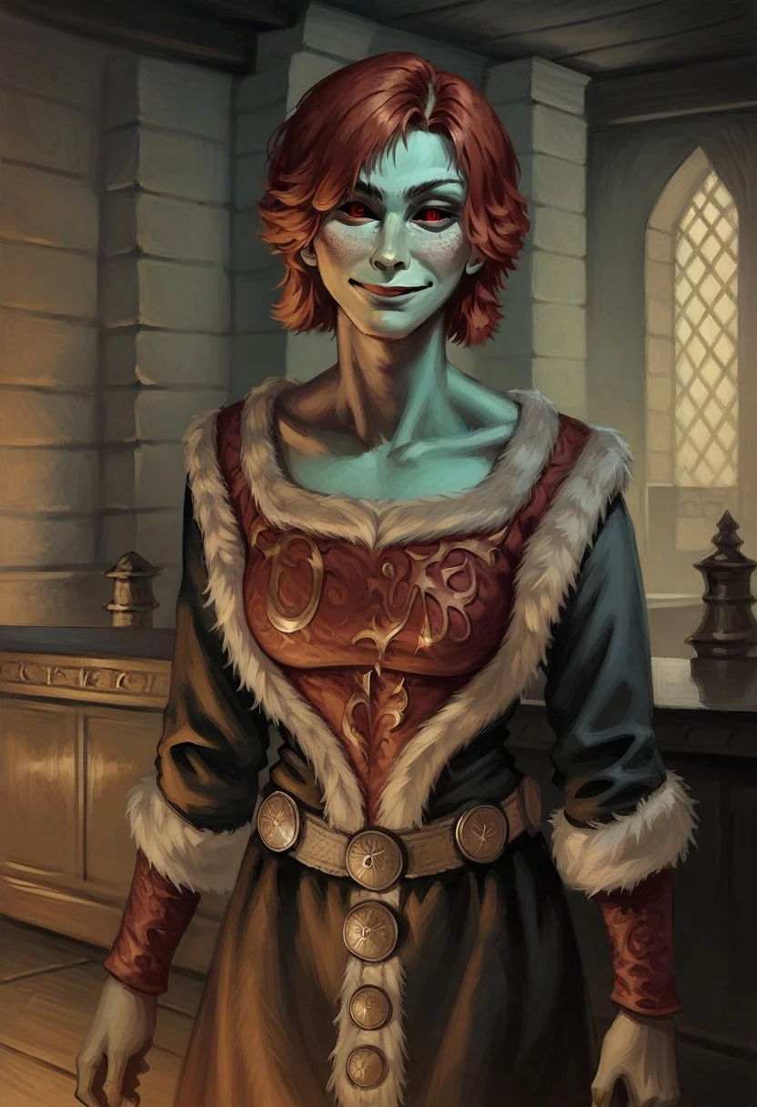 score_9_up, score_8_up, score_7_up, score_6_up, 1girl, solo, Falanu_Hlaalu, short hair, red hair, colored skin, freckles, red eyes, black sclera, long dress, fur trim, long sleeves, belt, smile, standing, indoors, (fantasy art)