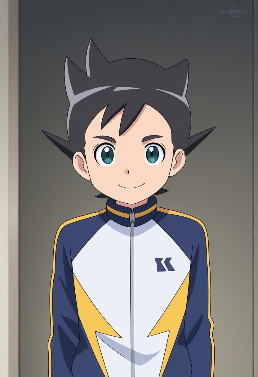masterpiece,best quality,amazing quality, source_anime,
InamoriAsuto, 1boy, male focus, solo, green eyes, black hair, spiked hair, orion track jacket, smile,
