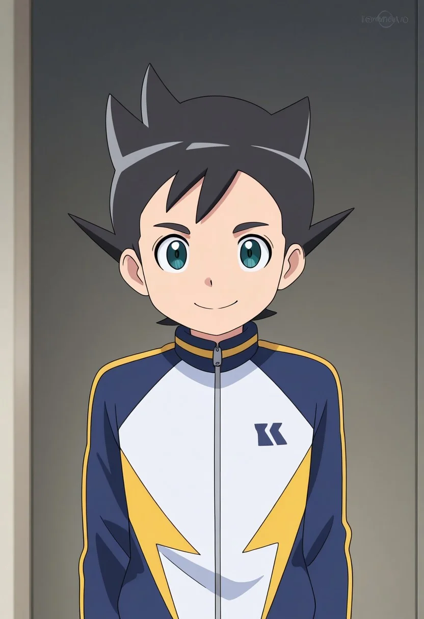 masterpiece,best quality,amazing quality, source_anime,
InamoriAsuto, 1boy, male focus, solo, green eyes, black hair, spiked hair, orion track jacket, smile,