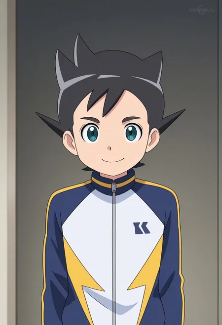 masterpiece,best quality,amazing quality, source_anime,
InamoriAsuto, 1boy, male focus, solo, green eyes, black hair, spiked hair, orion track jacket, smile,