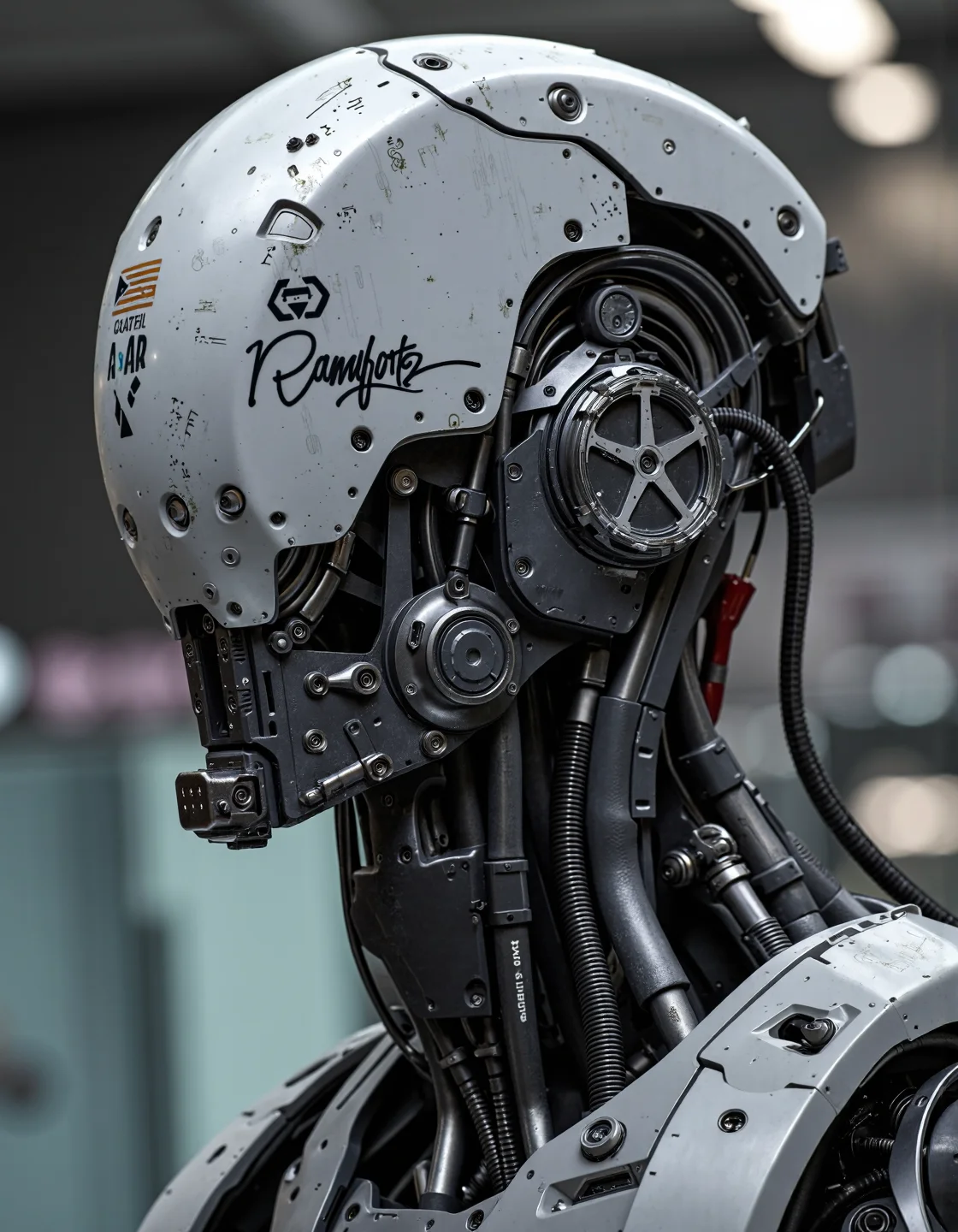 SCI_FACTOR_CORE freakz, Cyborg, exosuit, mech, futuristic, (off-center composition, left aligned, Portrait), an new cyborg, battle brand-new, bulky power armor, Gothic battle field, cinematic film still glamorous photo dark art by Rafael Zabaleta, expressionism art by Asger Jorn, vibrant, Abstract expressionism, experimental painting techniques, striking and energetic colors, dynamic compositions, Expressionism, paradise landscapes, emotive brushwork, sea tones, dramatic lighting, introspective themes, Cyberpunk Vibes, High Contrast Colors, 4k Ultra Detailed, Shot on Sony, 35mm photo, Razor Focus, Futuristic Edge, Anamorphic, Edgy, High Tech, Grainy, Glossy Texture, Low Light Photography, Neon Lighting, Cyber Feel, Techno Ambiance, Highlighting Edges, Creating Futurism, Evoking Intrigue, Visual Tech, Cutting Edge Technique, Neon Lighting, Tech Concept, Edgy Styling, Futuristic Visual, Intriguing Story, Detailed Cyberpunk, Future, Editorial Tech, Cutting Edge Lighting, High Tech Emotion, Futuristic Creativity, Masterpiece, high-quality, hyper-detailed, refined details, best quality, high resolution, very aesthetic, light that highlights the exposed skin, background is blurred and suggests a modern environment, medium shot focusing onface , Style is realism, focus on dim light and details, dslr sensual, sense of hidden form and cinematic allure.