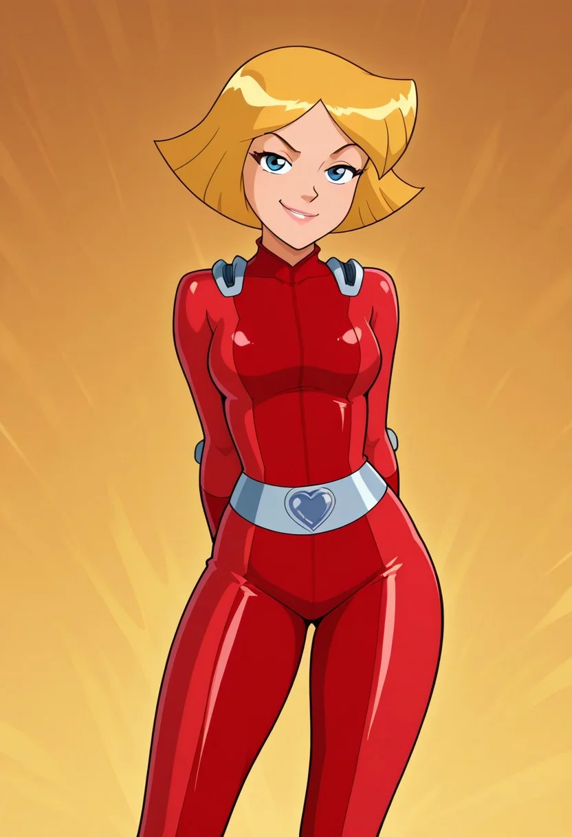masterpiece, best quality, good quality, 1girl, solo, cartoon, parody, official style, cl0ver_totally_spies, short hair, blonde hair, blue eyes, red bodysuit, sexy, fit, medium breasts, wide hips, thick thighs, bottom heavy, beautiful, detailed, high detailed, very beautiful, detailed face, detailed eyes, detailed hand, abstract background, smile, smirk, posing, pose, hands behind back, leaning forward, looking at viewer, face focus, closeup, arched back,