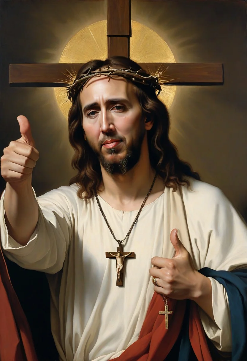 Painting of (Nicholas Cage:1.4) as Jesus by crvgg, Christian art, painting in the style of da Vinci, Caravaggio, Remnant, Christian symbolism, highly detailed, giving a thumbs up, halo, crucifix Necklace,