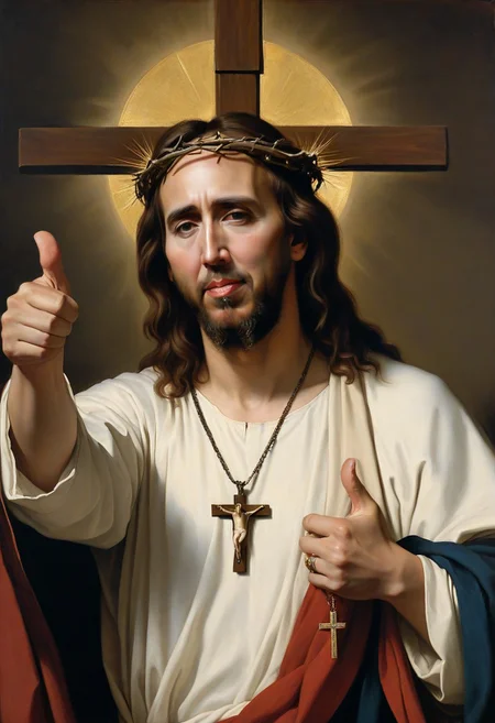Painting of (Nicholas Cage:1.4) as Jesus by crvgg, Christian art, painting in the style of da Vinci, Caravaggio, Remnant, Christian symbolism, highly detailed, giving a thumbs up, halo, crucifix Necklace,