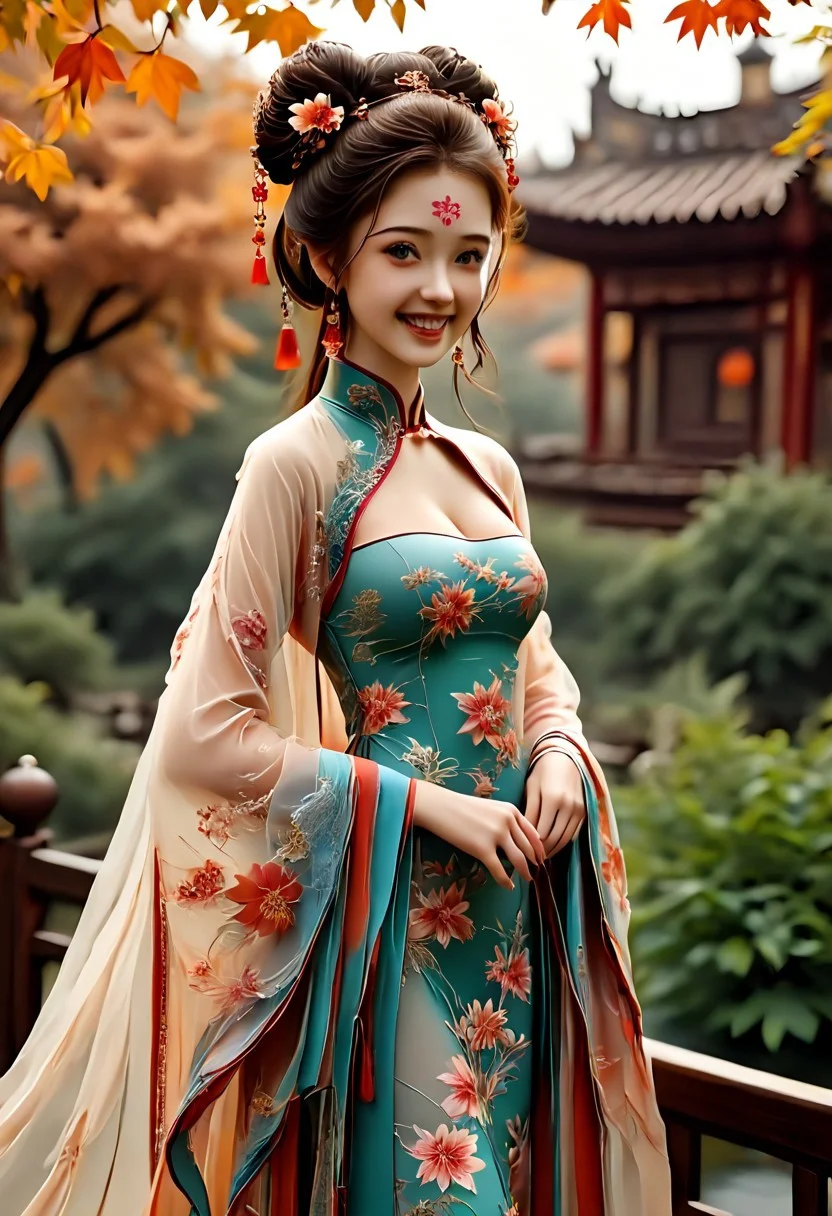 epiCRealism, UHD, 8K, masterpiece, hyperrealistic, realistic, photography, (photorealistic:1.3), realistic skin texture, ray traced, A hyper realistic ultra detailed, ultrarealistic,cute,petite body,perky boobs,slender,innocence, slender_waist,love,tightly cropped composition,detailed and intricate environment, a beautiful and youthful Chinese model, 19 years old, long eyelashes, grin, cleavage, large breasts, floral embroidery pattern wide sleeves, see through chiffon hanfu, moist eyes, hourglass figure, fair skin, hair ornament, hair flower, updo, double bun, absurdly long hair, wavy hair, forehead mark, ((Chinese girl)), slender body, perfect face, exquisite eyes, luscious lips, green eyes, long curly auburn hair, wearing an intricately embroidered vintage Chinese dress in deep burgundy hues,golden hour, setting sun, autumn leaves, high cheekbones, (an expansive field of wildflowers in vibrant purples, pinks, and yellows, stretching towards a distant mountain range silhouetted against the colorful sky background),