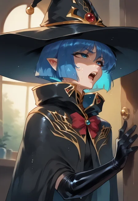 score_9, score_8_up, score_7_up, 1girl, blue eyes, blue hair, emoa, sleeveless turtleneck, capelet, witch hat, elbow gloves, out door, rocks, open mouth, shiny skin, sweat, wet, oiled