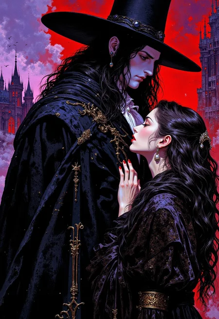 weibo, drawing, illustration retro 90's, Yoshitaka Amano, Ayami Kojima, chromatic aberration, detail, high contrast, cinematic view, volumetric lighting, perspective, vampire_hunter, gothic_fantasy, long_black_hair, stoic_expression, melancholic_woman, dark_gown, golden_details, misty_castle, purple_twilight, red_sky, dramatic_lighting, high_contrast, eerie_atmosphere, fantasy_art, intense_gaze, dark_romantic, gritty_texture, melancholic_mood, thick_linework, surreal,cinematic, intense_detail,photorealistic,(sharp focus:1.3). A stylized character with a striking appearance. A close-up of a character a tall, mysterious vampire hunter with pale skin and a stoic expression, dressed in a flowing black cloak and wide-brimmed hat. He has long, wavy black hair that cascades over his shoulders, and his eyes into the distance. At his side stands a melancholic woman with long dark hair, styled with subtle pearl accents. She wears an elegant dark gown with golden details, her gaze soft but sorrowful. The background features a Gothic, dark castle shrouded in mist with a haunting purple and red twilight sky, adding a sense of foreboding and otherworldly beauty. The scene has a dramatic, high-contrast color palette, with deep shadows and highlights accentuating the hunter's stoic demeanor and the woman's ethereal grace. The image is highly detailed, with a focus on the textures of his suit, the sharpness and the way his interacts with the woman.
DB4RZ, DB4RZ style painting