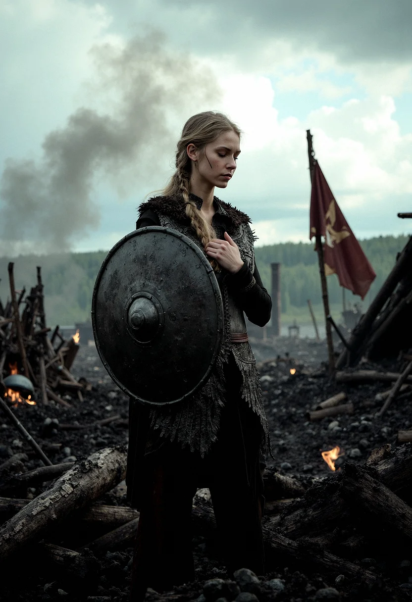 A portrait of a Viking shieldmaiden standing amidst the ruins of a once-great village, now reduced to ashes and rubble. Her armor is scorched, and her braids are singed. The background is filled with the remnants of smoldering buildings, with the sky above heavy with dark, swirling clouds.Scorched wooden beams from collapsed structures protrude from the rubble, blackened and twisted by fire.Thin tendrils of smoke rise from smoldering piles of ash and debris, adding a sense of recent destruction.The skeletal remains of a Viking longhouse stand in the background, with its roof caved in and walls partially collapsed.Shredded Viking banners hang limply from broken poles, their once-proud symbols now faded and torn.
Standing with one hand over her heart, eyes closed in silent remembrance of those lost in the destruction.