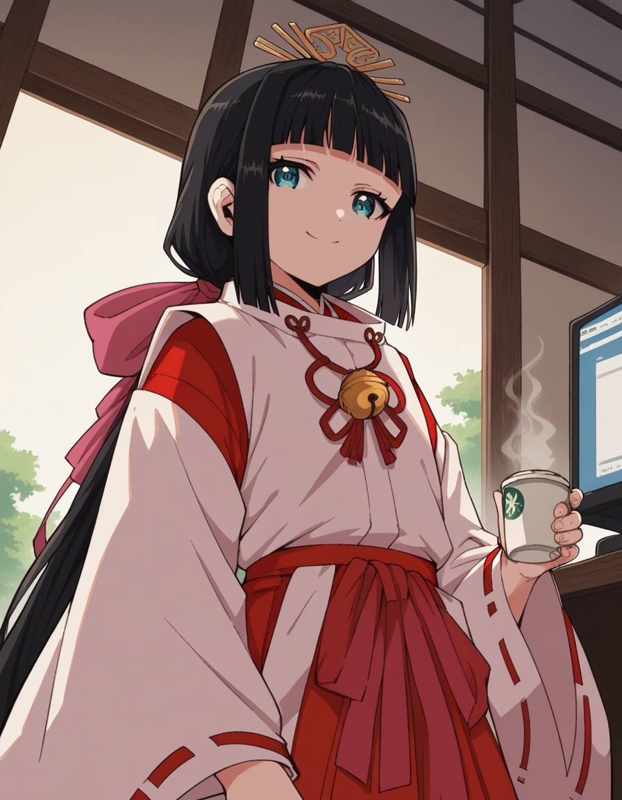 score_9, score_8_up, score_7_up, source_anime, <lora:nigewaka-shizuku-s1-ponyxl-lora-nochekaiser:1>, shizuku, long hair, bangs, blue eyes, black hair, blunt bangs,, japanese clothes, bell, miko, skirt, long sleeves, ribbon, wide sleeves, red ribbon, ribbon trim, hakama, hakama skirt, jingle bell, ribbon-trimmed sleeves, miko, red hakama,, home office, working from home, computer screen, coffee cup, focus, deadline, smile, looking at viewer, from below, solo,, cowboy shot, dutch angle