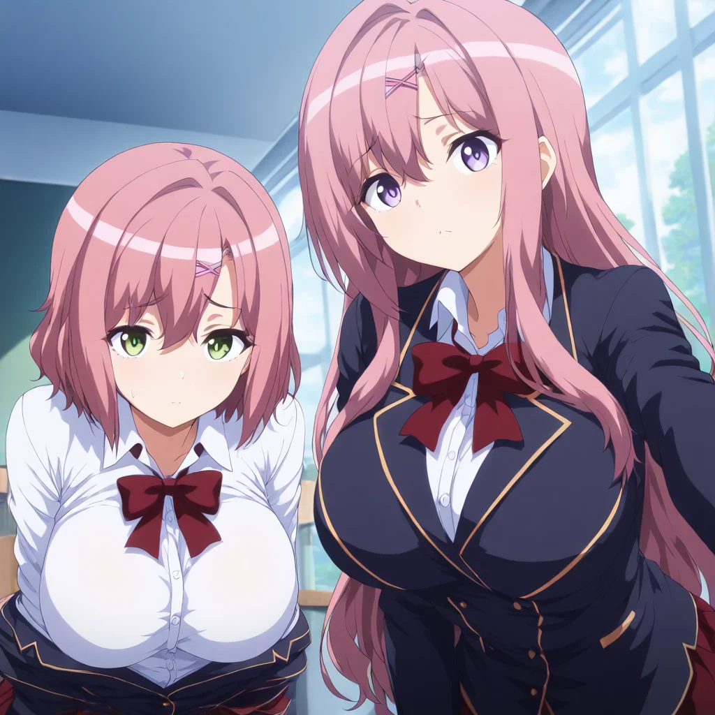 (masterpiece,high score,great score,absurdres),looking at viewer,school_uniform,<lora:Kanako&Hina ag4o v1:1> 2girls, kanako \(pink hair, long hair, hairclip, purple eyes, large breasts\), hina \(pink hair, short hair, hairclip, green eyes, large breasts\),