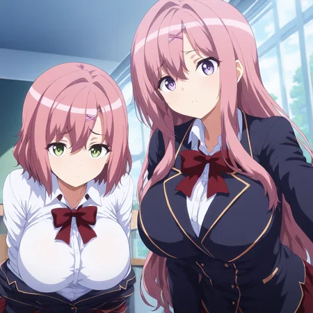 (masterpiece,high score,great score,absurdres),looking at viewer,school_uniform,<lora:Kanako&Hina ag4o v1:1> 2girls, kanako \(pink hair, long hair, hairclip, purple eyes, large breasts\), hina \(pink hair, short hair, hairclip, green eyes, large breasts\),