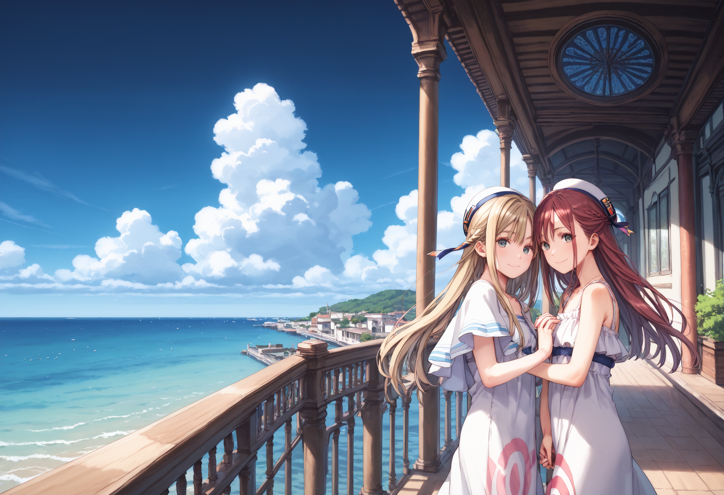 score_9, score_8_up, score_7_up, masterpiece, best quality, very aesthetic, absurdres, 
<lora:Amano_Kozue_å¤©éããã_Style_Pony-000010:1> (amano_kozue:1.2), aria \(manga\), 
2girls, yuri, holding hands, clear eyes, gentle smile, skinny, body_slim, looking at viewer, 
scenery, blue sky, cloud, ocean, venice,