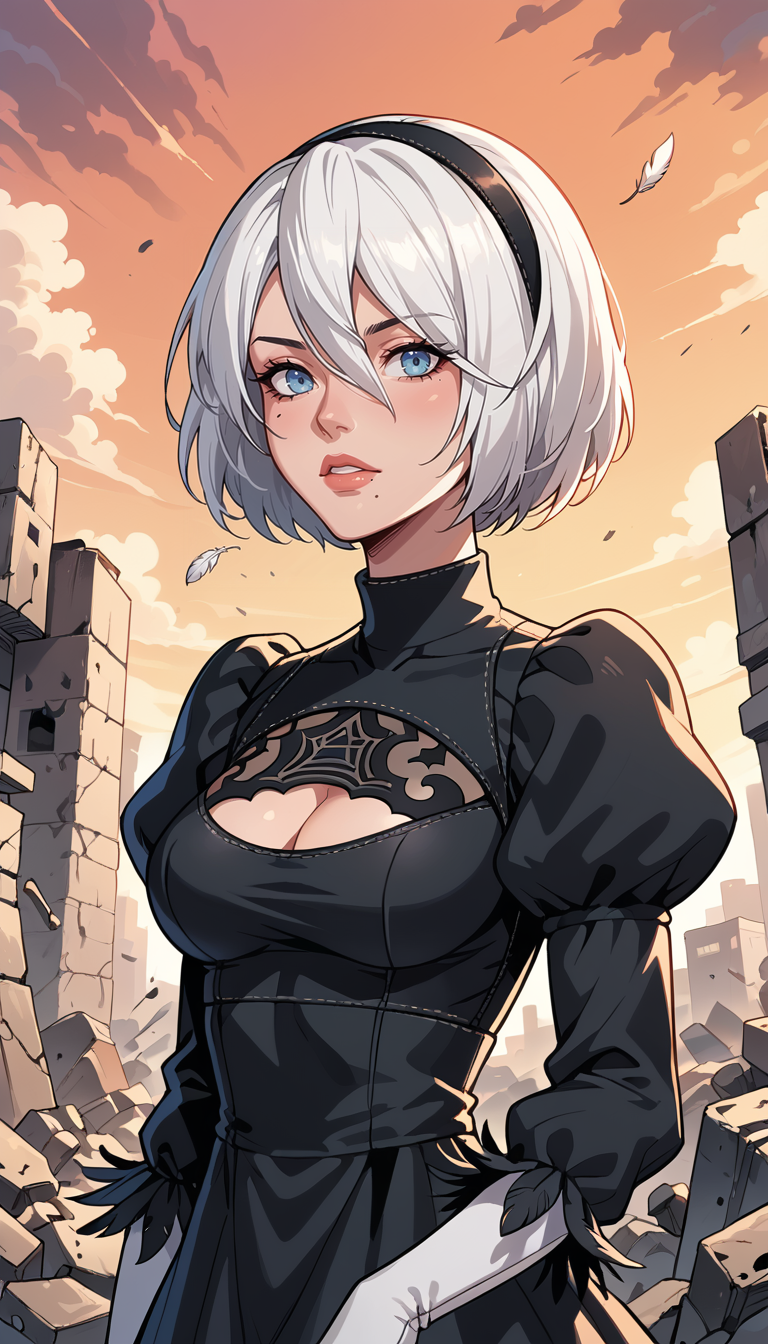 score_9, score_8_up, score_7_up, Western Comics, Portrait, yorha no. 2 type b, short white hair, black dress, hairband, clothing cutout, cleavage cutout, puffy sleeves, black hairband, feather-trimmed sleeves, juliet sleeves, mole under mouth, sunset, rubble in the background, depth of field, dynamic angle, fashion photography, sharp, hyperdetailed:1.15