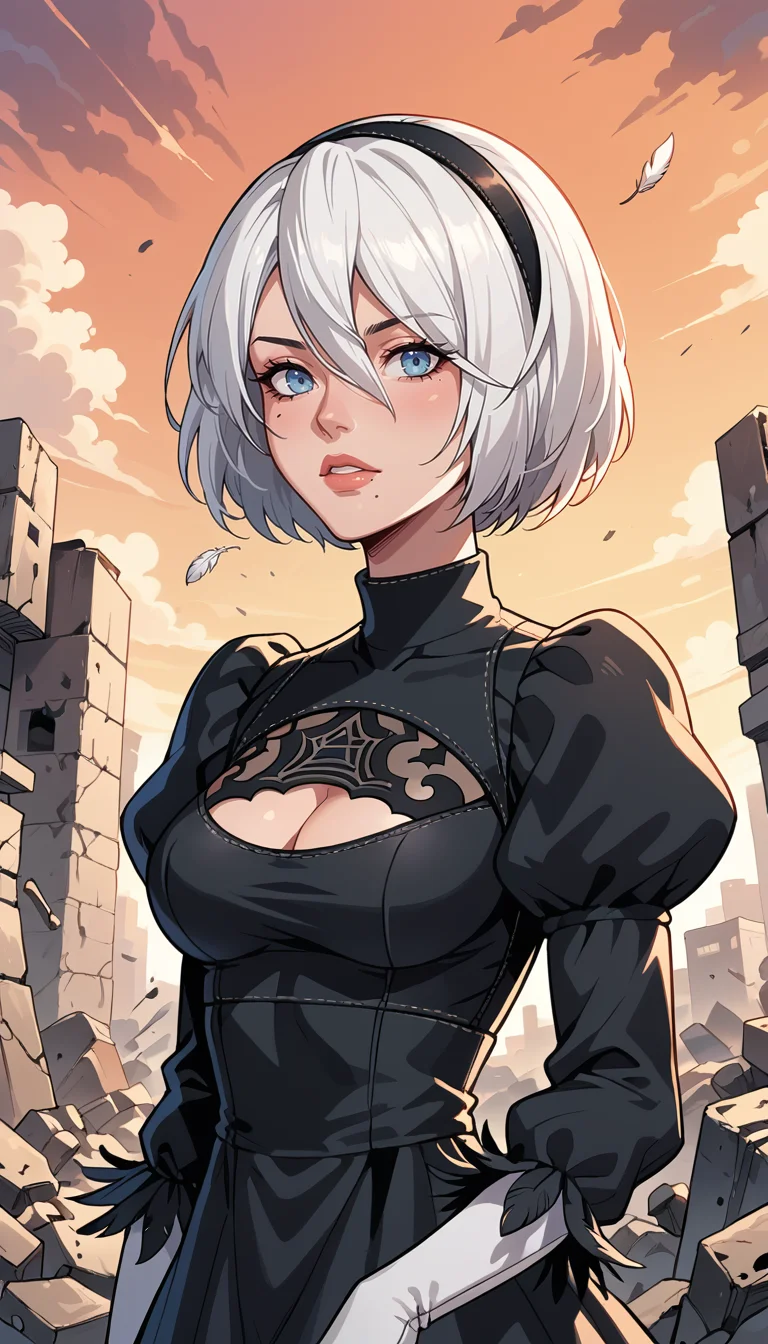 score_9, score_8_up, score_7_up, Western Comics, Portrait, yorha no. 2 type b, short white hair, black dress, hairband, clothing cutout, cleavage cutout, puffy sleeves, black hairband, feather-trimmed sleeves, juliet sleeves, mole under mouth, sunset, rubble in the background, depth of field, dynamic angle, fashion photography, sharp, hyperdetailed:1.15