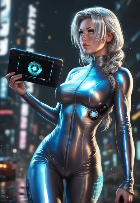 RAW photo, Hyper realistic, realistic photo, masterpiece, stunning, best quality, expression, a highly detailed, young beauty woman, ((style retro-futuristic)), sleek jumpsuit with neon accents, curvy body, highly detailed, silver-haired, dynamic angle, ultraHD
dynamic pose
BREAK
(((full-clothed))), ((holographic tablet in hands, futuristic device in hands))
futuristic metropolis background
 <lora:add-detail-xl:1>
 <lora:Dynamic Poses:1>
<lora:DandonFuga_Style_v.2_-_Pony:0.8> 