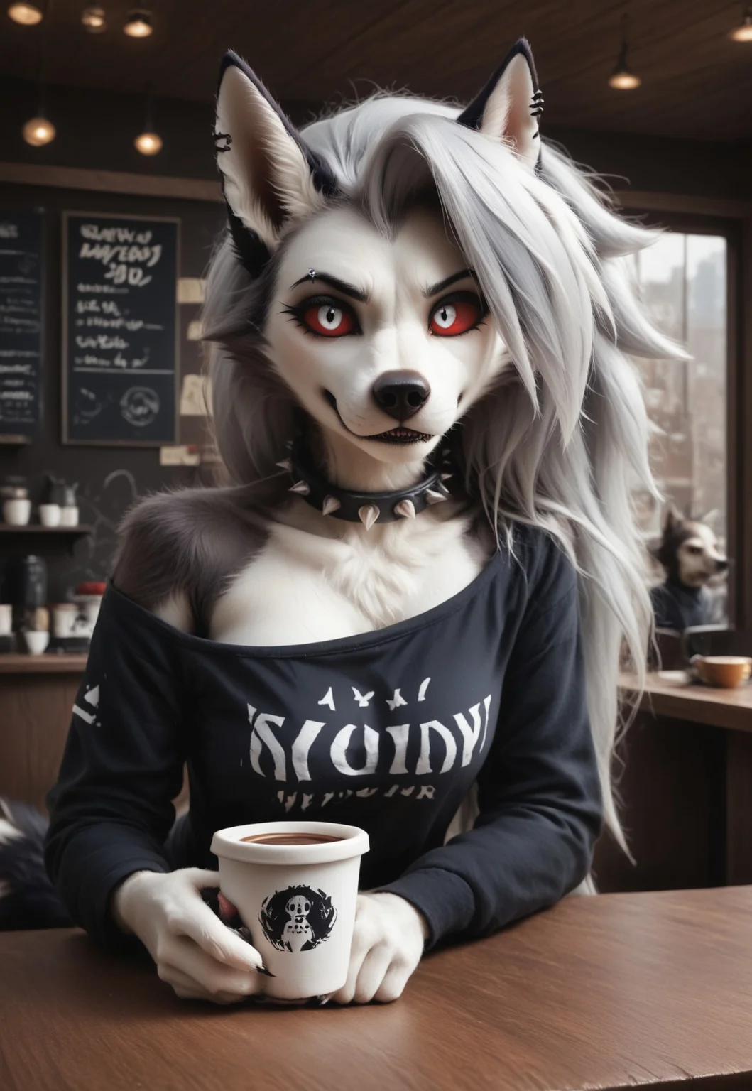 loona, helluva_boss, furry, anthro, tail, dog girl, wolf girl, dog tail, furry female, wolf tail, furry, two-tone fur, gray fur, dark gray fur, absurd res, sharp focus, <lora:more_details:1.0> detailed background, detailed skin, detailed hair, extremely detailed, ultra 8k quality, Hyperrealistic, photorealistic, realistic, ultrarealistic, high definition, detailed fur, highres, super high resolution, 8k, head forward, faceless female, 
Red sclera, white iris, animal nose, eye contact, looking at viewer, bangs, front bangs

SPIKED COLLAR, PIERCED EYEBROW,
OFF SHOULDER SWEATSHIRT, LEGGINGS,

coffee shop, 

