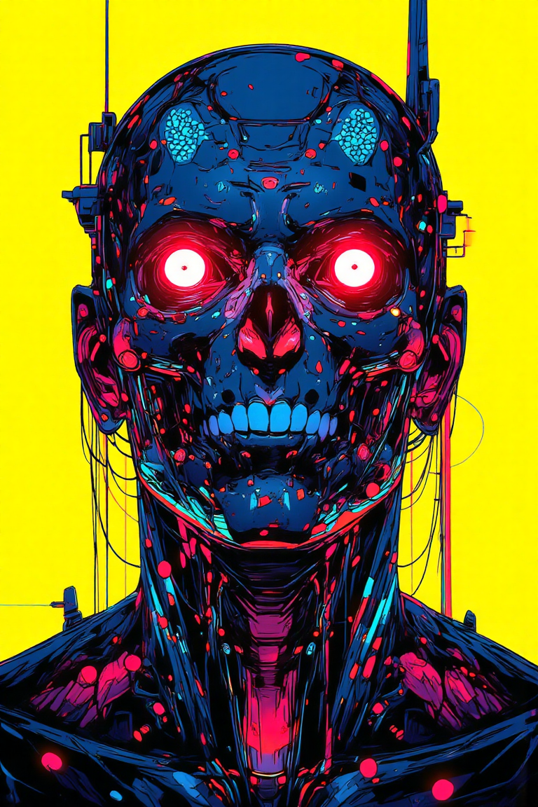 A hyper-realistic, detailed anime illustration in **niji_flux**, **anime**, and **cyberpunk** style, featuring a straight low-angle close-up of a figure wearing a skull mask with glowing red eyes, looking ominously down at the viewer. The skull and skin are composed of intricate neon multicolored dots and lines, with five vibrant color variants: neon blue, neon pink, neon green, neon purple, and neon orange, each carefully detailed to form the texture of the skull. The dots and lines are meticulously arranged, creating a mesmerizing digital pattern across the skull’s surface, glowing brightly with a futuristic feel. The background is a plain, solid yellow, which contrasts sharply with the neon details of the figure, enhancing the intense cyberpunk atmosphere. The shot is taken using a **Sony Alpha 7R IV** with a 35mm f/1.8 lens, capturing the close-up from a low angle to emphasize the intimidating presence of the figure. The 4K high-resolution image is a masterpiece of cyberpunk art, blending eerie and futuristic elements.