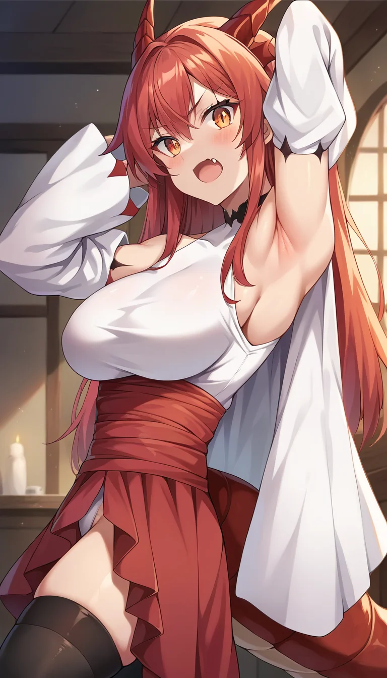 score_9, score_8_up, score_7_up, source_anime, masterpiece, 1girl, tania, red hair, eyes, white leotard, red skirt, open bottomwear, black thighhighs, detached sleeves, dragon tail, indoors, cowboy shot, from side, looking at viewer, open mouth, armpit crease, armpit peek, skin fang, <lora:TaniaPONYXL:0.8>,