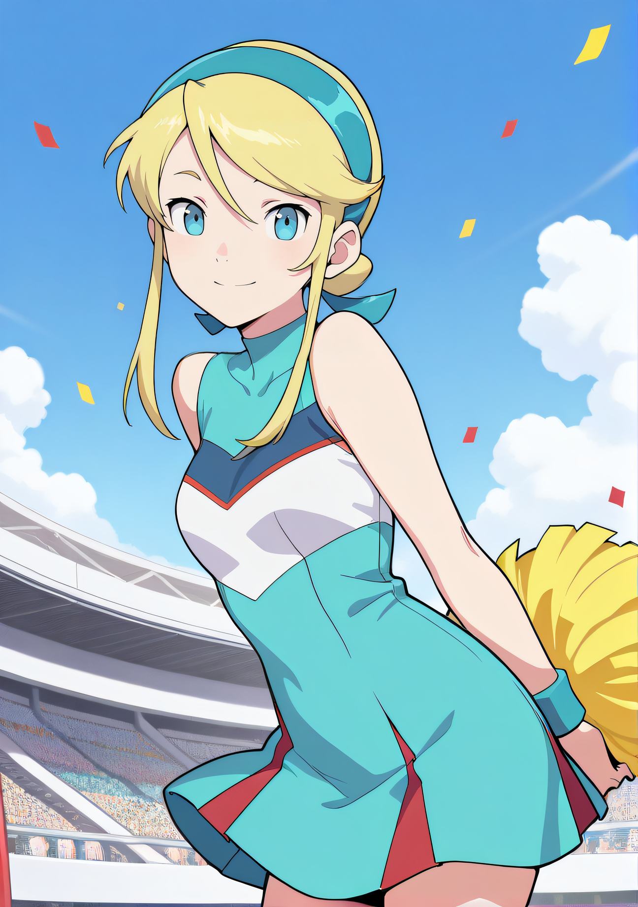 masterpiece, best quality, highres, newest, 1girl, solo, official style, <lora:IL_Lina_Davis:1>, lina, blonde hair, blue eyes, cheerleader, yellow pom pom, smile, outdoor, looking at viewer, smile, scenary, confetti, cowboy shot, centered image