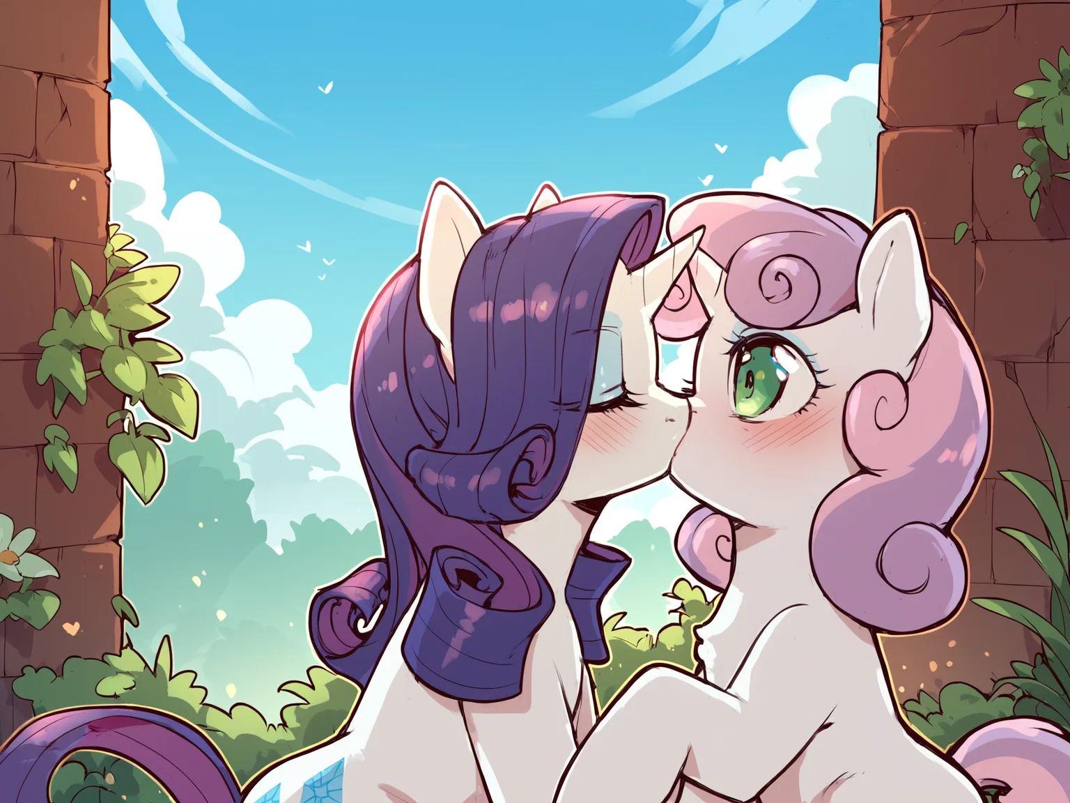 score_9, score_8_up, score_7_up, score_6_up, score_5_up, score_4_up, feral_pony, Rarity kissing Sweetie Belle, pony, outdoors, CBTwi, <lora:CBTwi_V2:0.8>, mare, duo