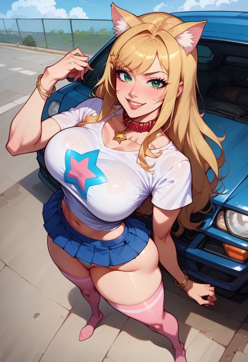 high angle,
score_9_up, source_anime, beautiful face, beautiful eyes, perfect face, perfect eyes, 
1girl, solo, girl solo, slobber, hourglass shaped body, curvy figure, ( blue skirt, pink thighhIighs, collar bracelet, panties underwear, star (symbol), pink stockings, T-shirt:1,2), 
front view, standing on the roof of a truck,
dynamic standing pose, seductive pose, full body,lewd face, slutty a lot, ,ewd face, slutty a lot, horny eyes, smug, high waisted thongs, high waisted thongs,
huge ass, huge tits, 
beautiful anime face, detailed anime face,
wide hips, 
BREAK
HaruNk, animal ears, blonde hair,cat ears, , long hair,  green eyes,