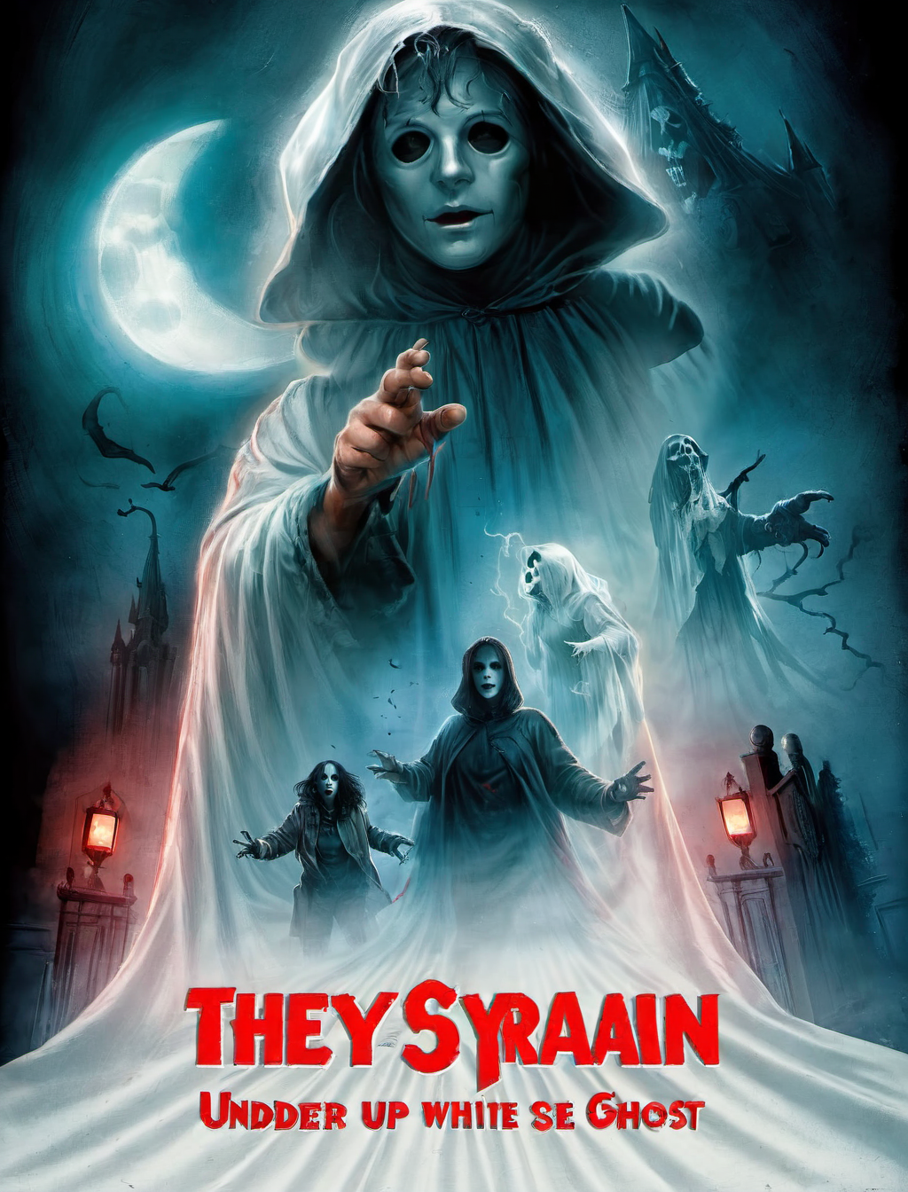 Horror-themed 80s-inspired horror movie poster, emphasizing the iconic cyan adn red palette of that era's cinema. Incorporate atmospheric elements such as the moon, fog, and mist to set the mood. Feature ((ghost under white sheet:2)), Use retro fonts for a fictional movie title, and complement it with taglines or quotes that evoke '80s horror
, <lora:80s_horror_poster_style-000009:1>, (masterpiece, best quality),ultra-detailed,add-detail-xl, DetailedEyes_V3, . Eerie, unsettling, dark, spooky, suspenseful, grim, highly detailed