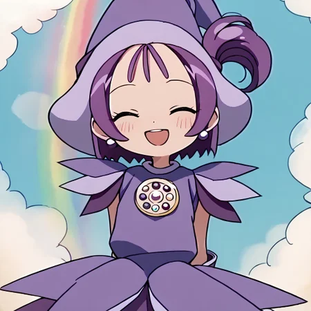score_9, score_8_up, score_7_up BREAK Onpu2, 1girl, purple hair, bob cut, ponytail, closed eyes, purple pearl earrings, purple witch hat, dark purple hat band, layered short-sleeve purple dress, rainbow pearl circle chest badge, purple white gloves, purple white boots, rainbow pearl bracelet, open mouth smile, blushing, cowboy shot, hands behind back,