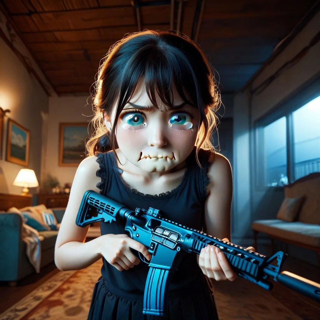 score_9, score_8_up, score_7_up, uncensored, anime screencap, flat shadows BREAK 
Ai Hinatsuru, solo, BREAK 
laughing, ((cute)), BREAK
Insane quality, <lora:Holding_Weapon_Lora_-_For_Pony_models:1> ho1ding-weap0n, (holding rifle:1.2), night, ((inside base environment, inside base, tank)), dark eerie night, (((((aquacrying, wavy mouth, closed mouth, tearing up:1.2)))))