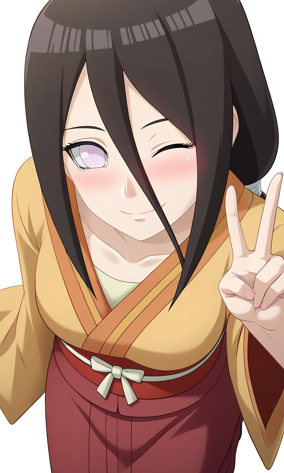 game cg,
hanabihyuuga, 1girl, solo, looking at viewer, no pupils,
from above, v sign,
low ponytail, long hair,
kimono, ribbon, long skirt, red obi, red skirt, frilled,
one eye closed, blush, smile,
white background,simple background,
<lora:Naruto_HanabiHyuuga_PXL-000015:1>