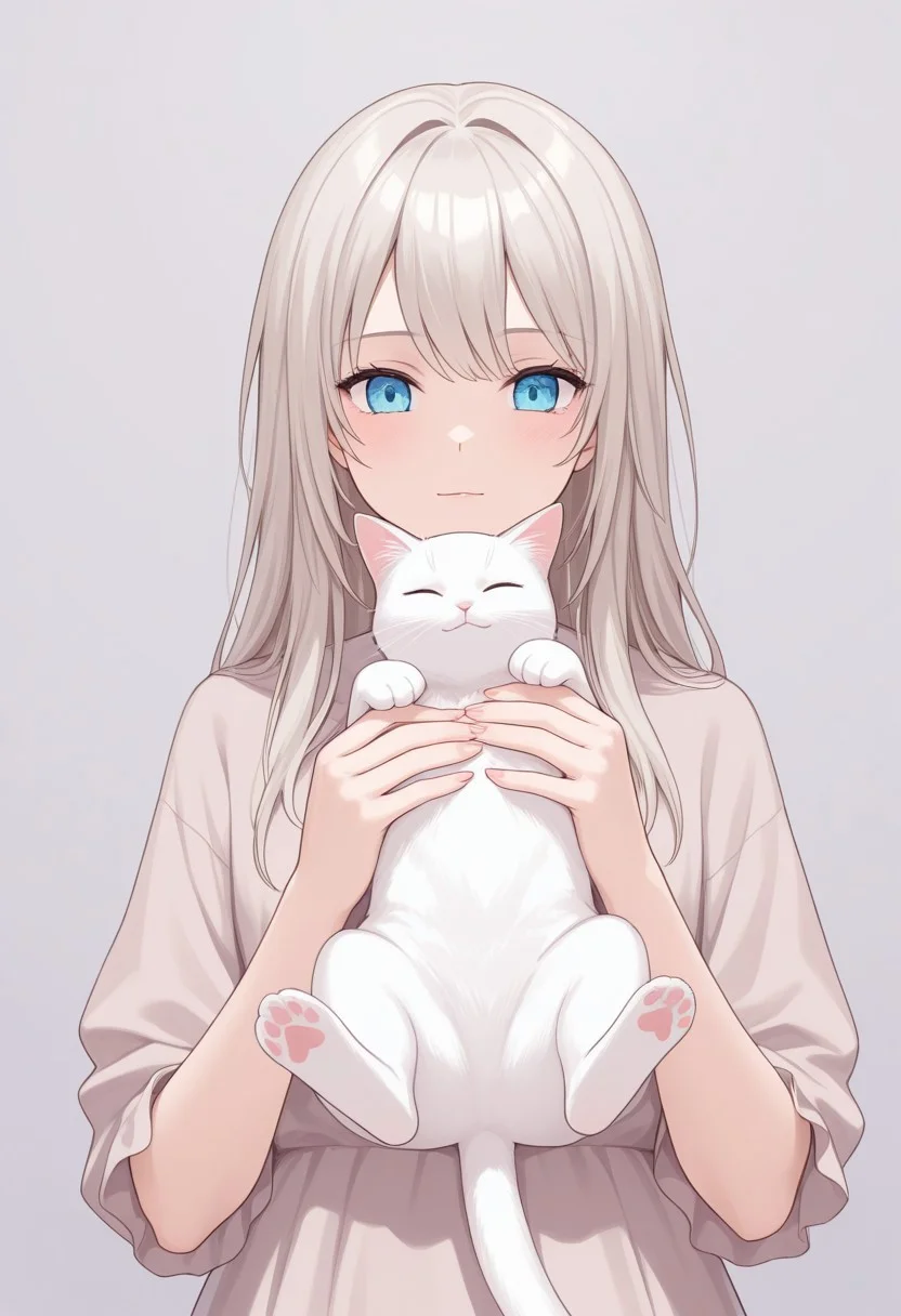 1girl, white cat