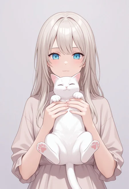 1girl, white cat