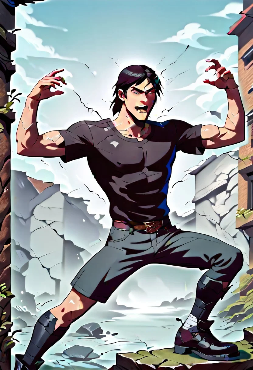 ((masterpiece, best quality, detailed background, 8k, score_6_up, score_7_up, score_8_up )) KevLev, 1boy, short black hair, black eyes, gray-collared short-sleeved black shirt, long-sleeved gray undershirt, blue pants, pants, black shoes, shoes, petrification, smiling, angry eyebrows, insane smile, d4rkpurp, petrification, transformation, partial_petrification, crack, broken, ((gray skin, stone skin)), dark alley, dark alley way background, outdoors, night time, horro shot, solo, concept art, realistic,