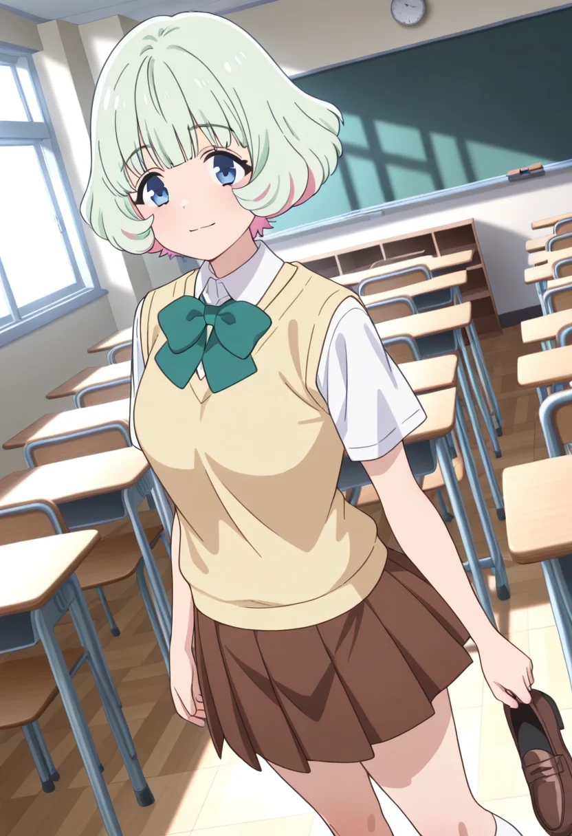 masterpiece,best quality,absurdres,perfect lighting,classroom,
*//*,<lora:HealerGirl_HibikiMorishima-Illustrious:1>,hibiki_morishima,1girl,solo,green hair,short hair,colored inner hair,pink hair,blue eyes,bangs,school uniform,white shirt,collared shirt,short sleeves,bowtie,green bow,sweater vest,brown skirt,pleated skirt,white socks,shoes,brown footwear,loafers,
*//*,looking at viewer,cowboy shot,dutch angle,dynamic pose,light smile,